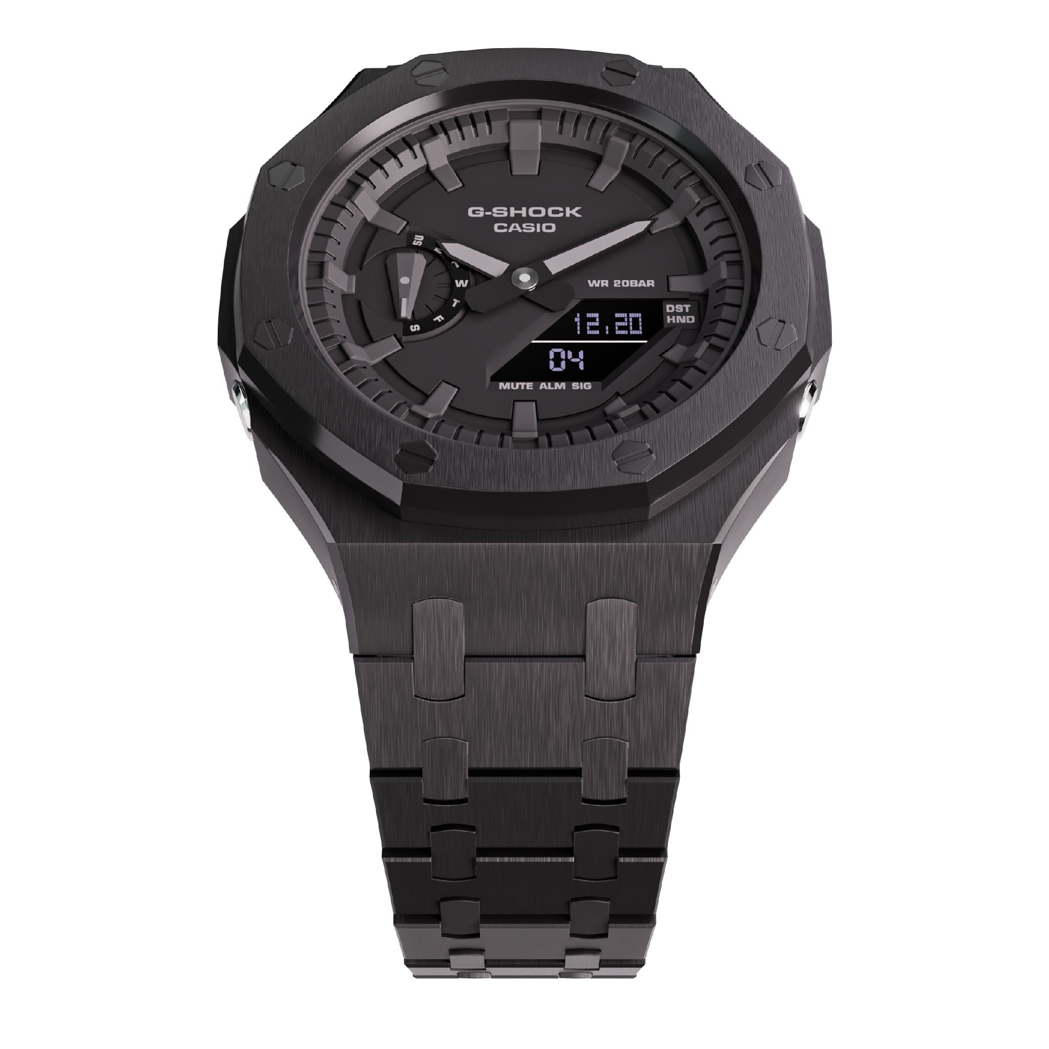 All black casioak mod ga2100 metal g-shock watch face up view