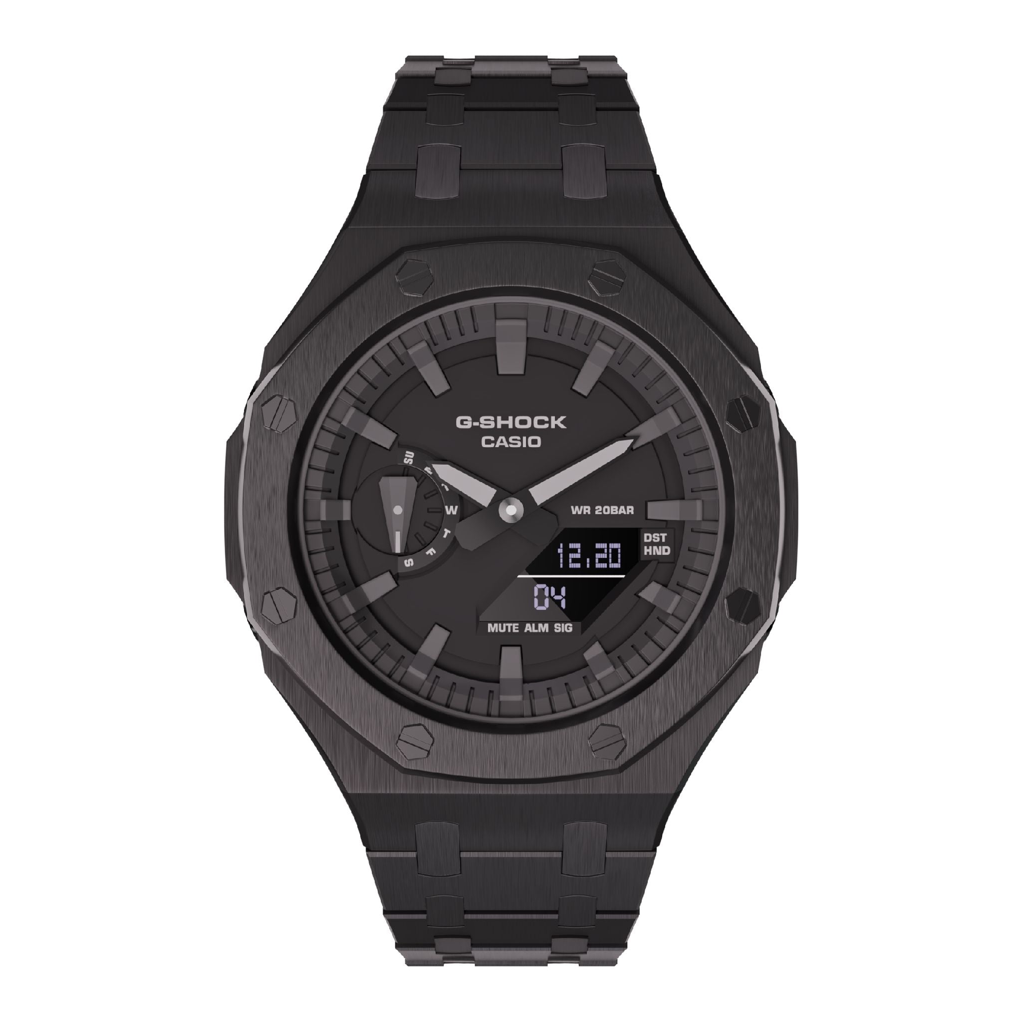 All black casioak mod ga2100 metal g-shock watch front view