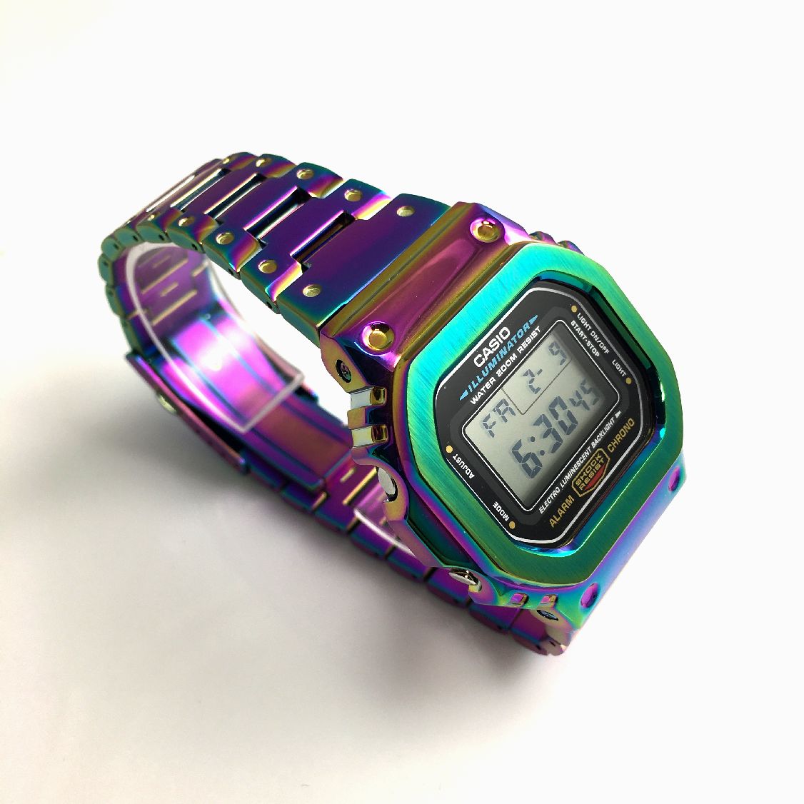 casio g-shock dw5600 metal mod rainbow multi-color side view