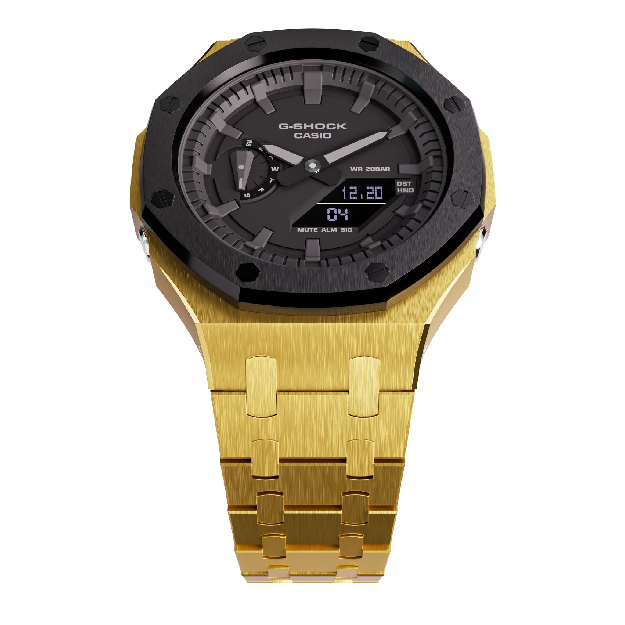 Gold tone with black bezel casioak mod ga2100 metal watch face up view