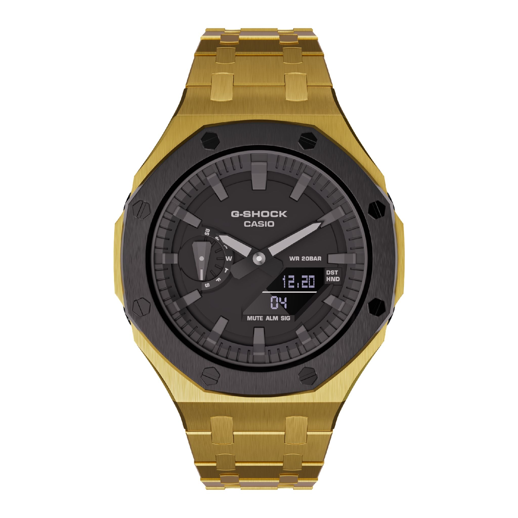 Gold tone with black bezel casioak mod ga2100 metal watch front view