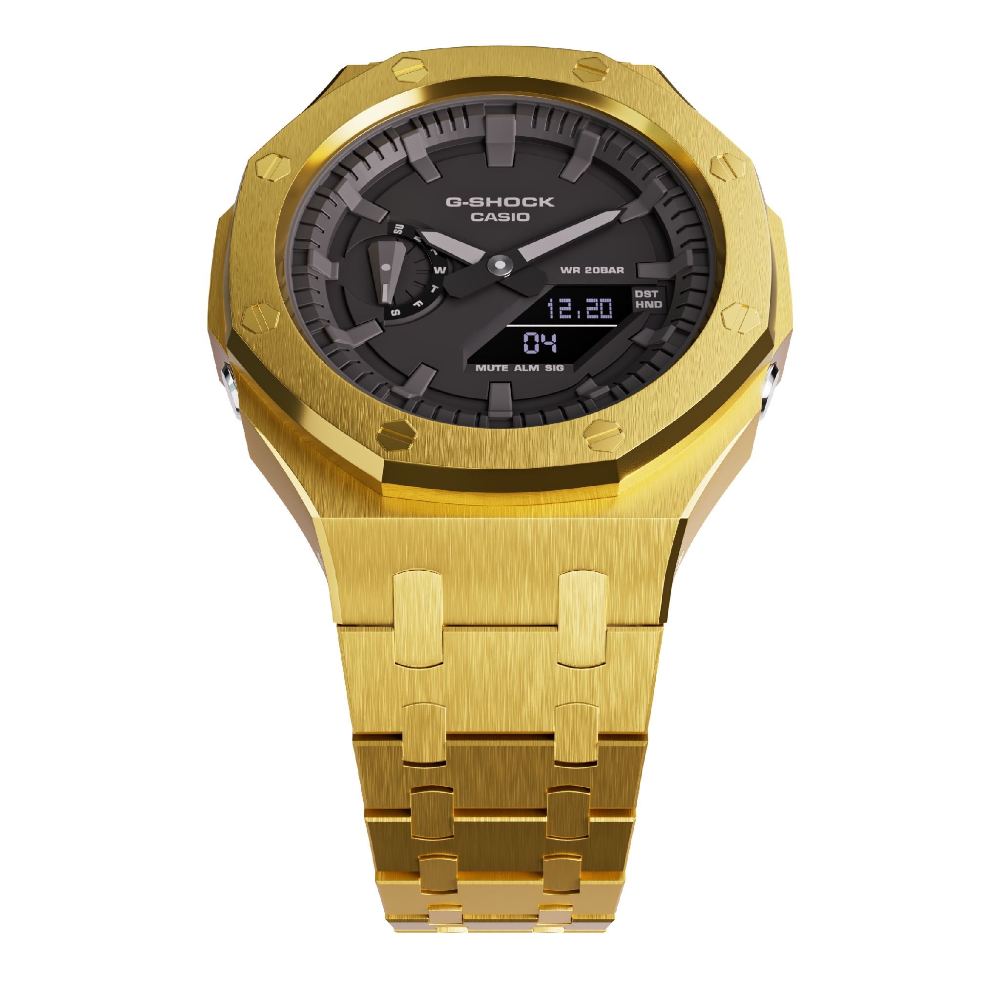 gold tone casioak mod ga2100 metal g-shock watch face up view