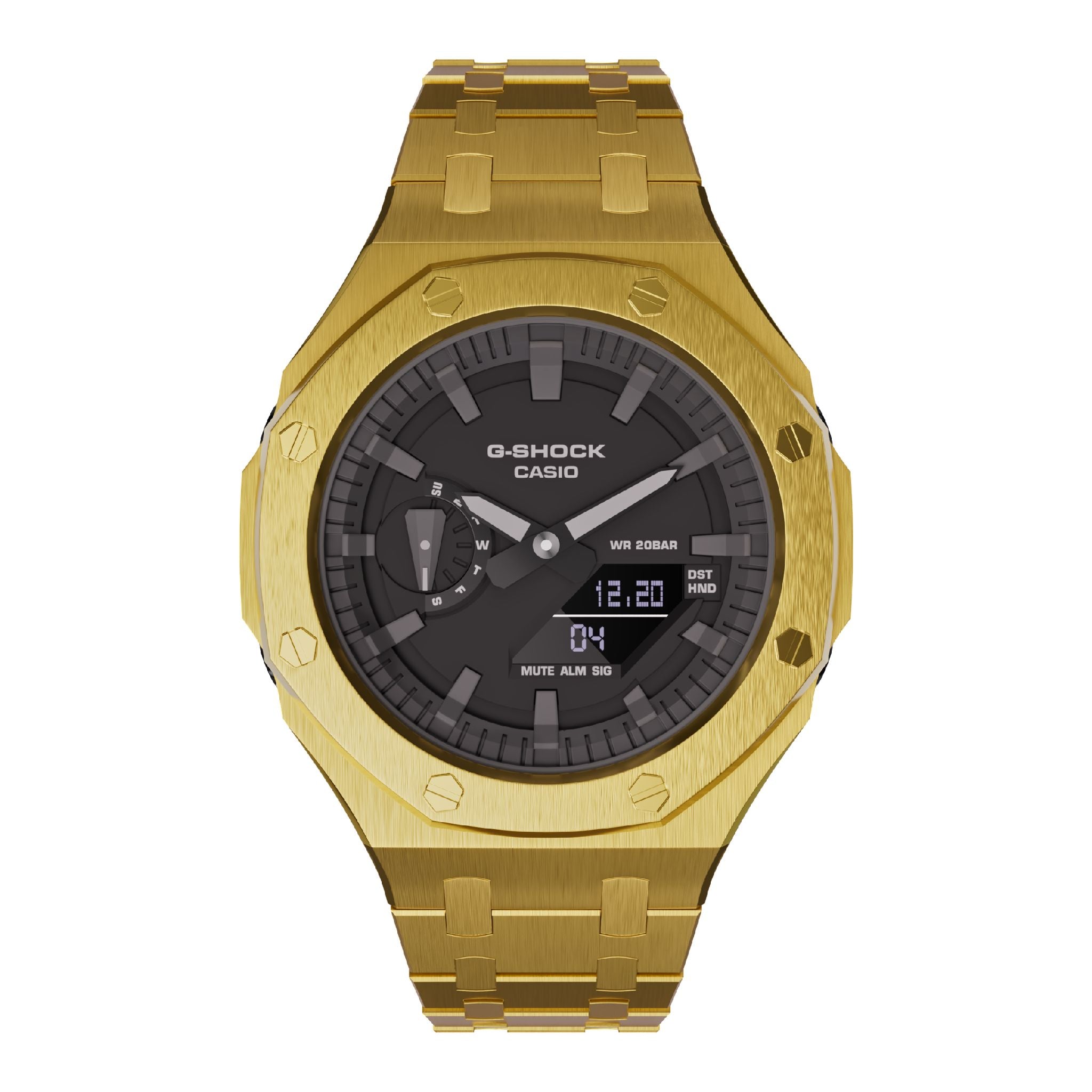 gold tone casioak mod ga2100 metal g-shock watch front view