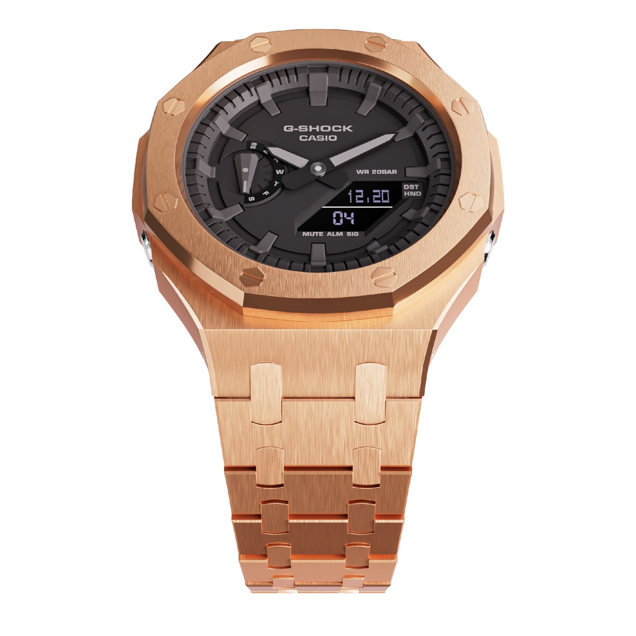 rose gold casioak mod ga2100 metal watch face up view