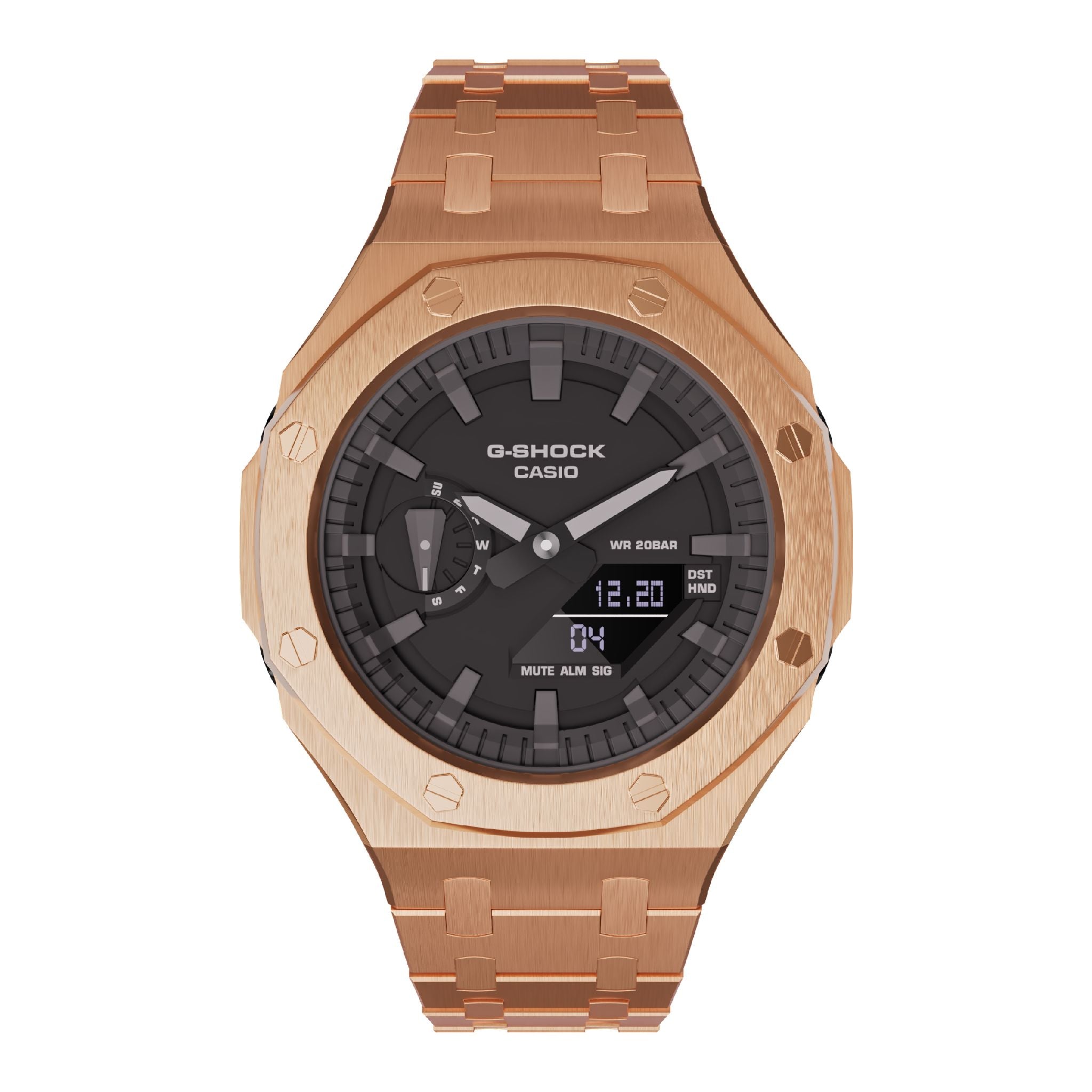 rose gold casioak mod ga2100 metal watch front view