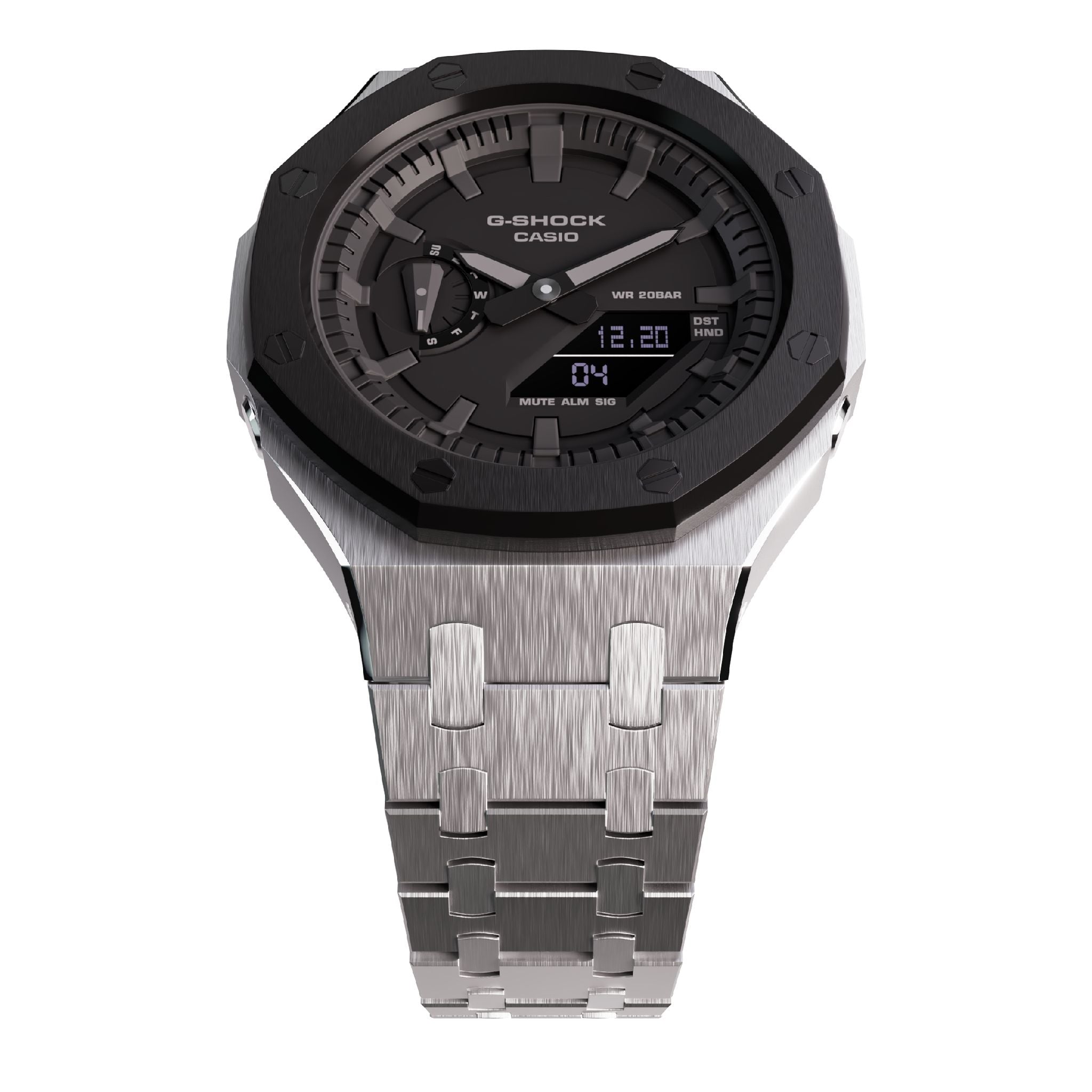 Silver with black bezel casioak mod ga2100 metal g-shock watch face up view