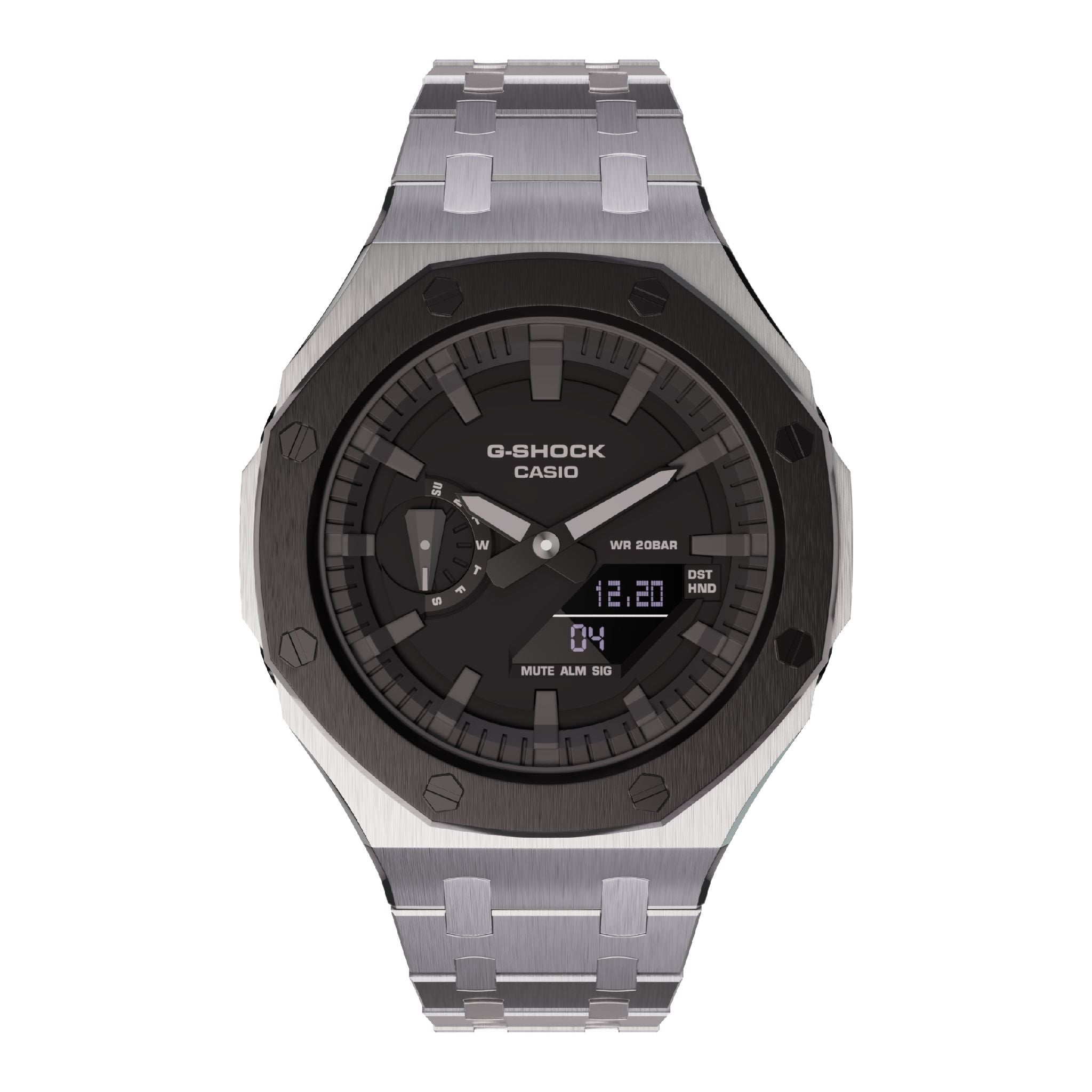 Silver with black bezel casioak mod ga2100 metal g-shock watch front view