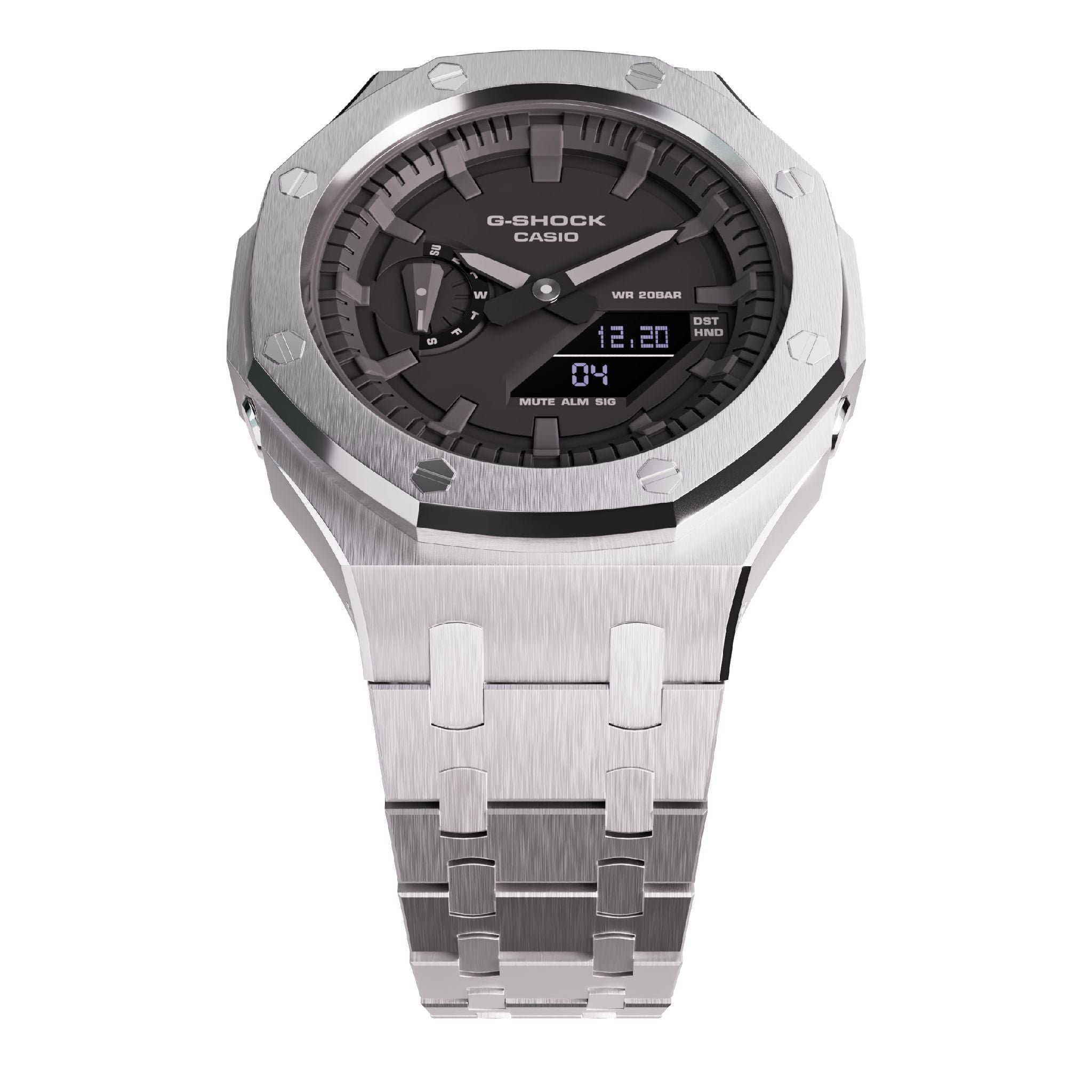 All Silver casioak mod ga2100 metal g-shock watch face up view