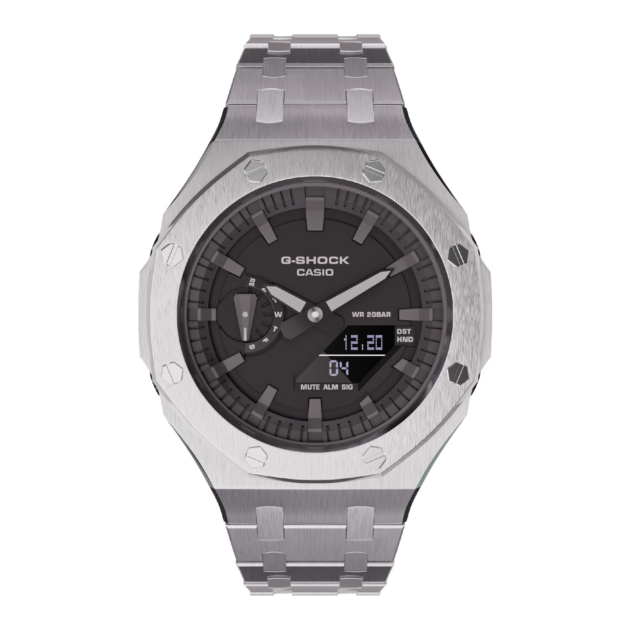 All Silver casioak mod ga2100 metal g-shock watch front view